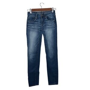American Eagle Skinny Jeans Womens 00 Short Blue‎ Super Stretch Mid Rise Denim